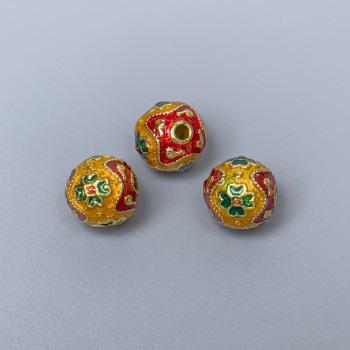 Cloisonné Bead, Yellow, Red and Green Enamel, 10 mm Diameter, 2 mm Hole, Gold-tone Metal, 1 pc
