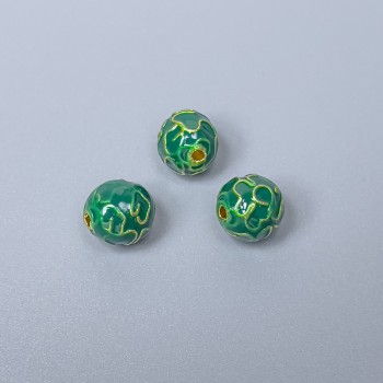 Cloisonné Bead with Green Enamel, 8 mm diameter, 1.5 mm hole, gold-tone metal, 1 pc