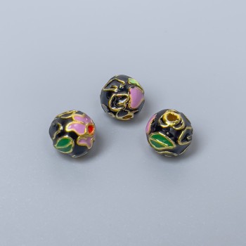 Cloisonné bead with black enamel, purple and green accents, 8 mm diameter, hole 1.5 mm, gold-tone metal, 1 pc
