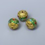 Cloisonné Bead — Green, Red & Blue Enamel, 11 mm diameter, hole 1.8 mm, gold-tone metal, 1 pc