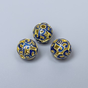Cloisonné Bead, Blue Enamel, 10 mm Diameter, 2 mm Hole, Gold-tone Metal, 1 pc