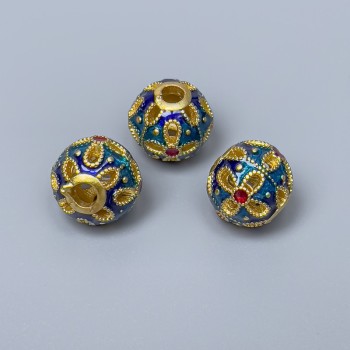 Cloisonné Pandora Bead blue, turquoise and red enamel, diameter 11mm, hole 3mm, gold-tone metal color, 1 pc