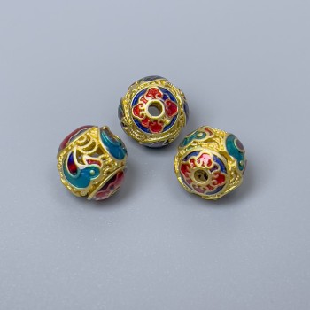 Cloisonné Bead Findings - Turquoise, Red, Blue Enamel, 10mm Diameter ± Hole 1.8mm, Gold-Colored Metal, 1 pc