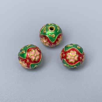 Cloisonné Bead – green, red, and pink enamel; 10 mm diameter; hole diameter 2 mm; gold-tone metal; 1 pc