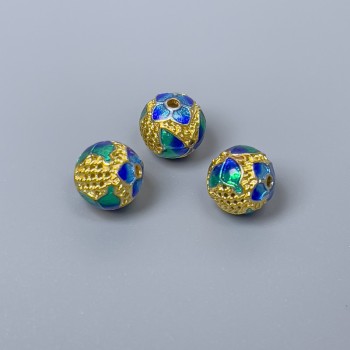 Cloisonné Bead Blue Turquoise Enamel, 8 mm Diameter, 1.5 mm Hole, Gold-Tone Metal, 1 pc