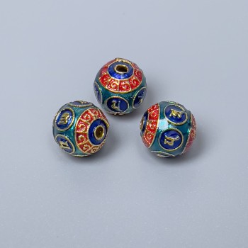 Cloisonné Bead Component red turquoise blue enamel, 8 mm diameter, hole diameter about 1.5 mm, gold-tone metal color, 1 pc
