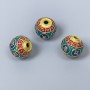 Cloisonné bead red-blue-turquoise enamel, 10mm diameter +/- hole, 2mm diameter, light golden matte metal color, 1 pc