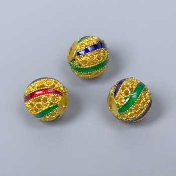 Cloisonné Bead - blue, red, green enamel, 10 mm diameter ±, 1.8 mm hole, gold-tone metal, 1 pc