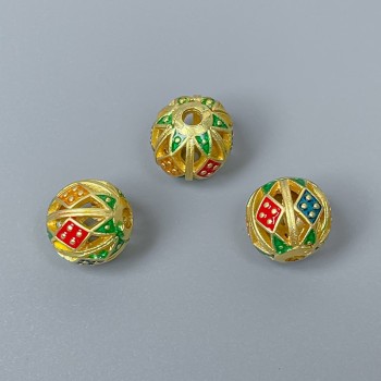 Cloisonné Bead Blue, Red & Green Enamel, 10mm Diameter, 2mm Hole, Gold-Tone Metal Color, 1 pc