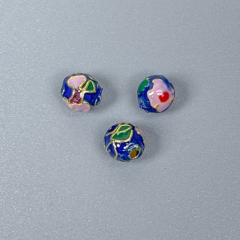Cloisonné Bead - Blue-Pink Enamel, 6mm Diameter, Hole 1mm, Gold-Tone Metal, 1 pc