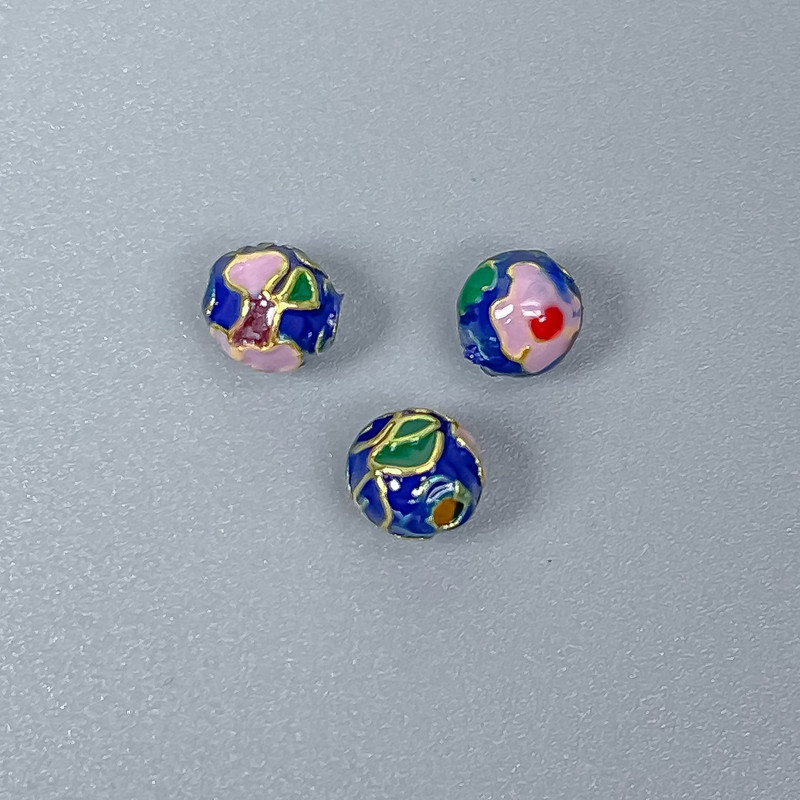 Cloisonné Bead - Blue-Pink Enamel, 6mm Diameter, Hole 1mm, Gold-Tone Metal, 1 pc