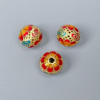 Cloisonné Bead - red, yellow, green enamel, 10x9 mm, 2 mm hole, gold-tone metal, 1 pc