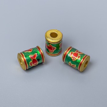 Cloisonné Bead, Cylindrical, Red and Green Enamel, Diameter 7×10 mm, Hole 3 mm, Gold-tone Metal, 1 pc