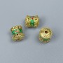 Cloisonné bead component, cylindrical, green and red enamel, size 8x10 mm, hole diameter 2 mm, gold-tone metal color, 1 pc