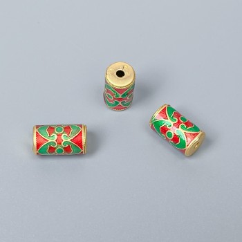 Cloisonné Bead, Cylindrical, Red and Green Enamel, Gold-Colored Metal, 6×11 mm, Hole Diameter ~1.8 mm, 1 pc
