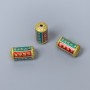 Cloisonné Bead Cylindrical, Green and Red Enamel, diameter 7×14 mm, hole diameter about 1.5 mm, gold-tone metal color, 1 pc