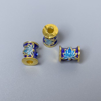 Cloisonné Bead Cylinder Lotus blue turquoise enamel, diameter 7x9mm, hole 2.5mm, gold-tone metal, 1 piece