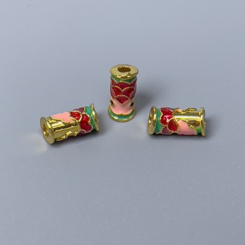 Cloisonne Bead Cylinder Fish Pink, Red and Green Enamel, 4×9 mm, 2 mm Hole, Gold-tone Metal Color, 1 pc