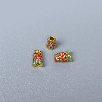 Cloisonne Bead - Cylinder, Fish Motif, Red and Green Enamel; 4 x 7 mm; Hole Diameter 1.5 mm; Gold-Colored Metal; 1 pc
