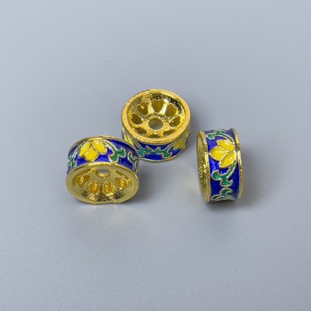 Cloisonné Bead Rondelle Blue-Yellow-Green Enamel, 10x5 mm, 2 mm hole, gold-tone metal, 1 pc