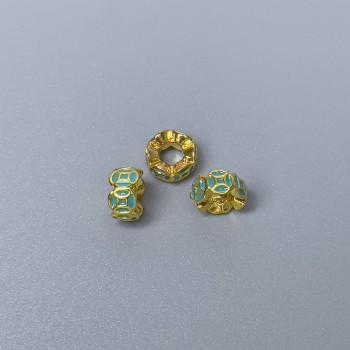 Cloisonne Rondelle Bead, Green Enamel, 6x3mm, hole diameter 2.8mm, gold-tone metal, 1 pc