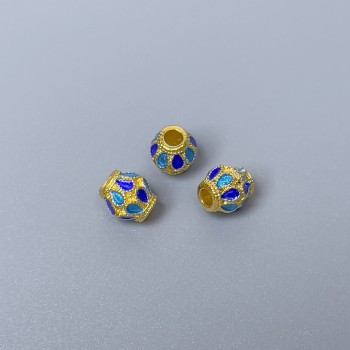 Cloisonné bead with blue and light-blue enamel, diameter 6x7 mm, hole diameter 2-3 mm, gold-colored metal, 1 pc