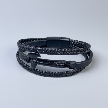 Men's bracelet in black eco-leather with metal inserts, thickness 10–22 mm, length 22 cm, black metal clasp