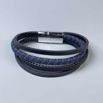 Men's eco-leather bracelet, black with metal inlays, thickness 12-18 mm+-, length 22 cm+-, silver-tone metal on the clasp