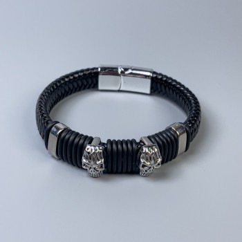 Men's black eco-leather bracelet with metal inlays, 11 mm thick, 22 cm long, silver-toned metal on the clasp