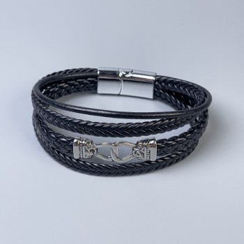 Men's eco-leather bracelet in black with metal inserts, thickness 12-25 mm, length 22 cm, silver-tone metal on the clasp