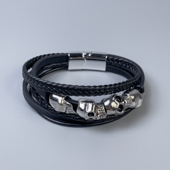 Men's bracelet in black eco-leather with metal inlays, thickness 12–25 mm, length 22 cm, silver-toned metal on the clasp