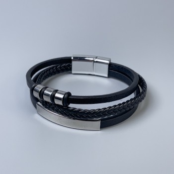 Men's black eco-leather bracelet with metal inserts, thickness 10-20 mm, length 22 cm, silver-toned metal on the clasp