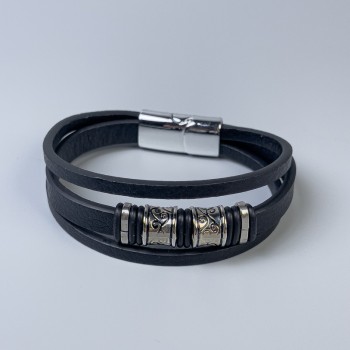 Men's eco-leather bracelet in black with metal inlays, thickness 10 mm +/-, length 22 cm +/-, silver-toned metal on the clasp