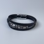 Men's black eco-leather bracelet with metal inserts, thickness 10–18 mm, length 22 cm, silver-tone metal on the clasp