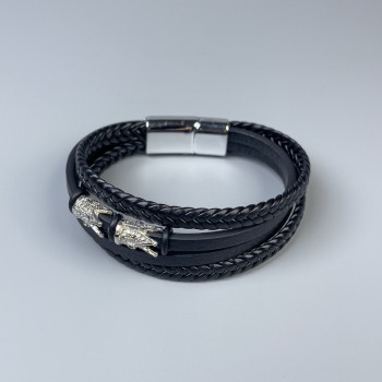Men's black eco-leather bracelet with metal inlays, thickness 12-20mm+-, length 22cm+-, silver-toned metal on the clasp