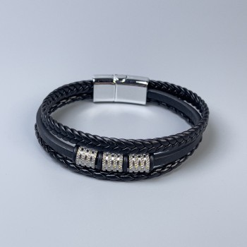 Men's eco-leather bracelet in black with metal inlays, thickness 12-18 mm, length 22 cm, silver-colored metal on the clasp