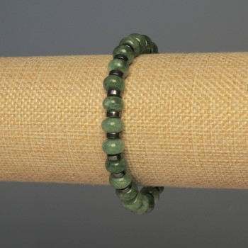 Bracelet with Green Strawberry Quartz Rondelle Beads, 8.5x5mm diameter, Hematite 6x2mm, 18cm length, stretch