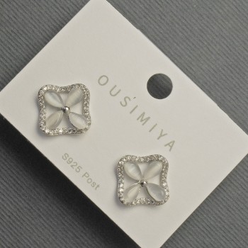 Stud Earrings Shamrock Cat's Eye 14mm ± White Crystals Silver-Tone Metal