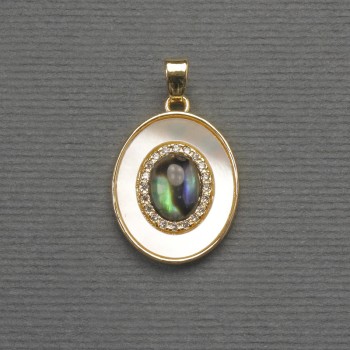 Chalcedony and Mother-of-Pearl Pendant, Oval, Golden Metal, diameter 18×16 mm, length 27 mm