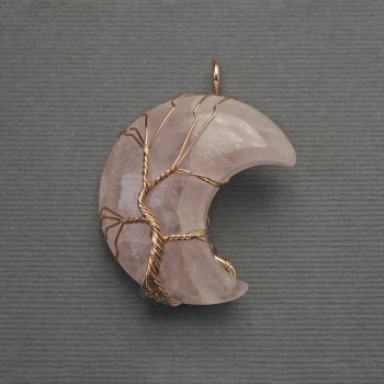 Moon Pendant with Pink Quartz in Golden Filigree, diameter 35 mm ±, length 45 mm ±