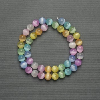 Cat's Eye Beads, Multicolored, Synthetic Stone, Smooth Round Beads, Diameter 8.5 mm, on Thread, Length 39 cm
