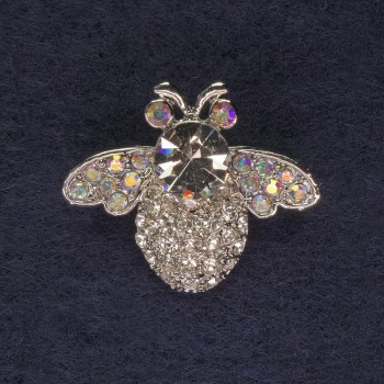 Beetle Brooch with Rainbow and White Rhinestones, Silver Metal, diameter 28x23mm +