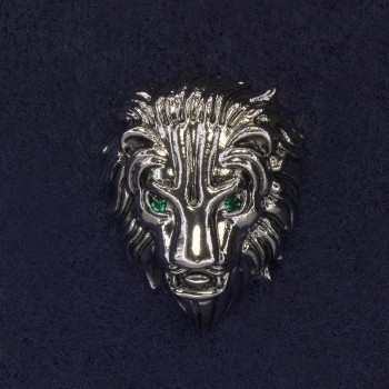 Lion Brooch with Green Crystals, Silver-Toned Metal, Diameter 28×22 mm +