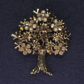 Tree Brooch with crystals in gold-tone metal, diameter 45x50 mm +