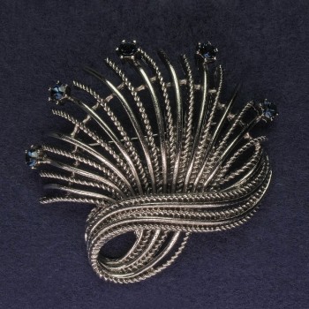 Brooch Accent with blue crystals, silver metal, 67×63 mm+