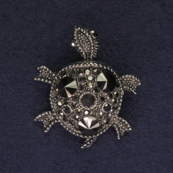 Brooch Turtle, dark silver color, gray crystals, silver-toned metal, 36×31 mm+