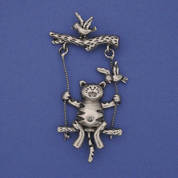 Cat Brooch in Silver-Tone Metal 62x33mm