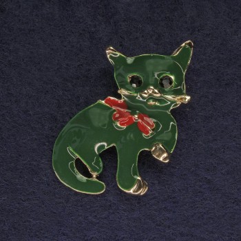 Cat Brooch, green enamel, black rhinestones, gold-tone metal, 40x23mm+