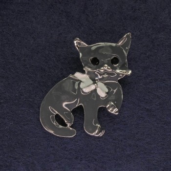 Cat Brooch, Gray Enamel, Black Crystals, Silver-Colored Metal, 40×23 mm+