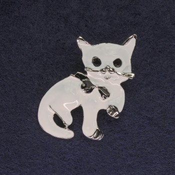 Cat Brooch white enamel black rhinestones silver metal 40×23mm+